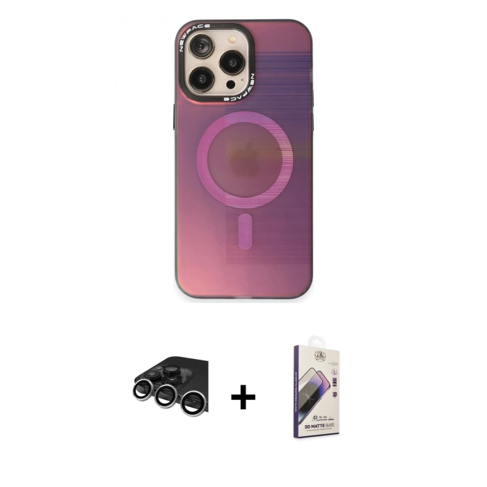 MARSİLYAN™- iPhone 14 Pro Max Kılıf Siluet Modern Koleksiyonu - Siyah Bilvis 3D Mat Cam Ekran Koruyucu + Gümüş Raze Metal Kamera Lens