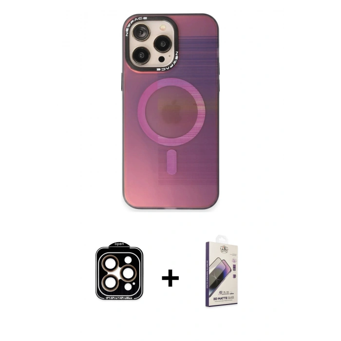 MARSİLYAN™- iPhone 14 Pro Max Kılıf Siluet Modern Koleksiyonu - Siyah Bilvis 3D Mat Cam Ekran Koruyucu + PVD Metal Kamera Lens - TU