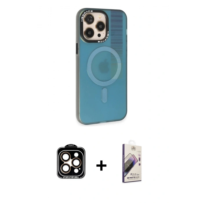MARSİLYAN™- iPhone 14 Pro Max Kılıf Siluet Modern Koleksiyonu - Siyah Bilvis 3D Mat Cam Ekran Koruyucu + PVD Metal Kamera Lens - TU