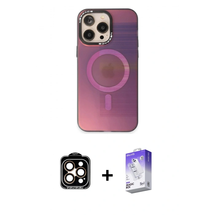 MARSİLYAN™- iPhone 14 Pro Max Kılıf Siluet Modern Koleksiyonu - Siyah Bilvis 5in1 3D Magic Cam Ekran Koruyucu + PVD Metal Kamera Lens - TU