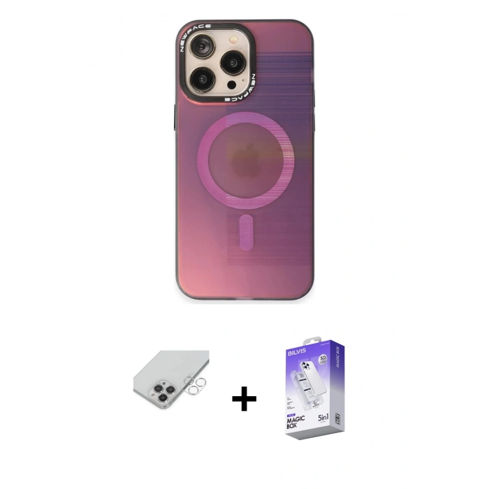 MARSİLYAN™- iPhone 14 Pro Max Kılıf Siluet Modern Koleksiyonu - Siyah Bilvis 5in1 3D Magic Cam Ekran Koruyucu + Band Metal Kamera Lens - GS