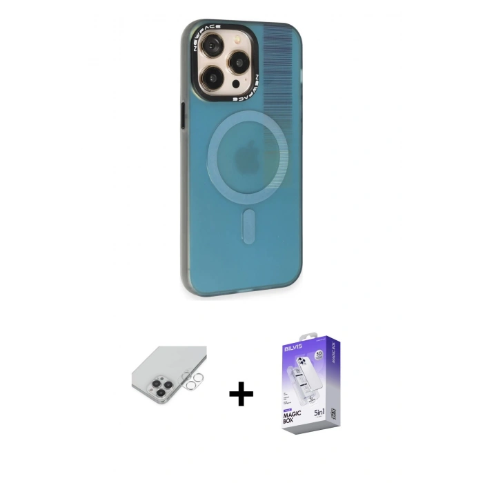 MARSİLYAN™- iPhone 14 Pro Max Kılıf Siluet Modern Koleksiyonu - Siyah Bilvis 5in1 3D Magic Cam Ekran Koruyucu + Band Metal Kamera Lens - GS