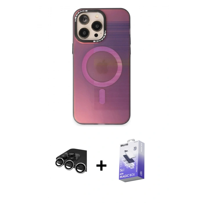 MARSİLYAN™- iPhone 14 Pro Max Kılıf Siluet Modern Koleksiyonu - Siyah Bilvis 5in1 5D Magic Hayalet Cam Ekran Koruyucu + Raze Metal Kamera Lens - GS