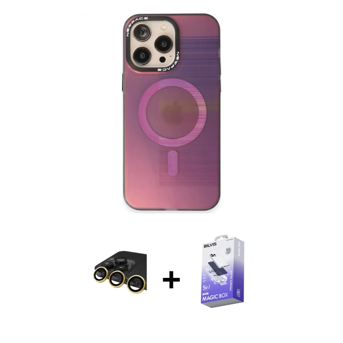 MARSİLYAN™- iPhone 14 Pro Max Kılıf Siluet Modern Koleksiyonu - Siyah Bilvis 5in1 5D Magic Hayalet Cam Ekran Koruyucu + Raze Metal Kamera Lens - GD