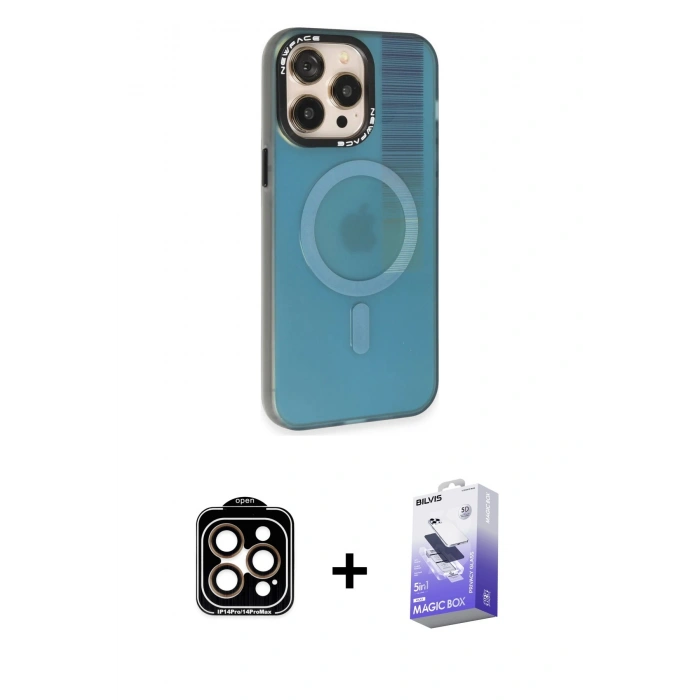 MARSİLYAN™- iPhone 14 Pro Max Kılıf Siluet Modern Koleksiyonu - Siyah Bilvis 5in1 5D Magic Hayalet Cam Ekran Koruyucu + PVD Metal Kamera Lens - TU