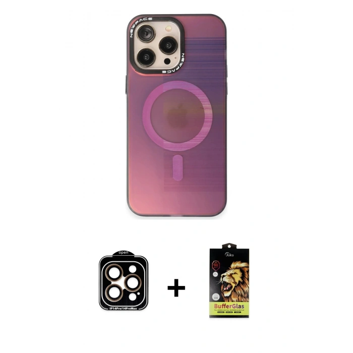 MARSİLYAN™- iPhone 14 Pro Max Kılıf Siluet Modern Koleksiyonu - Siyah Buffer Cam Ekran Koruyucu + PVD Metal Kamera Lens - TU