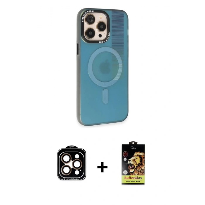 MARSİLYAN™- iPhone 14 Pro Max Kılıf Siluet Modern Koleksiyonu - Siyah Buffer Cam Ekran Koruyucu + PVD Metal Kamera Lens - TU