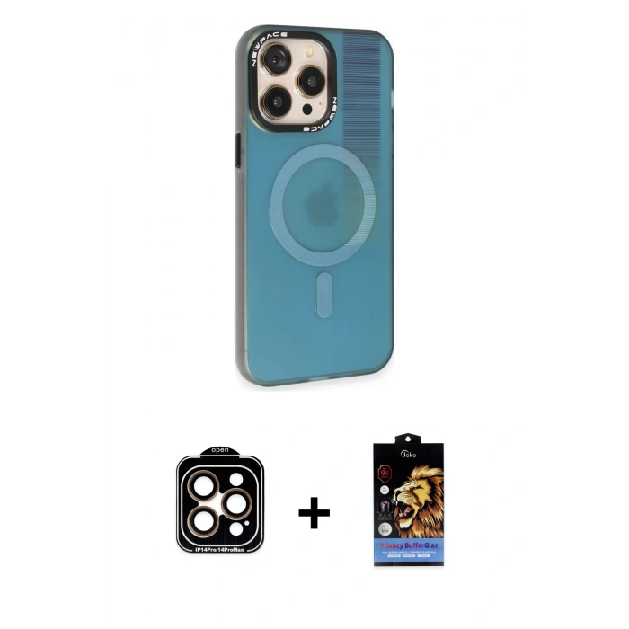 MARSİLYAN™- iPhone 14 Pro Max Kılıf Siluet Modern Koleksiyonu - Siyah Buffer Hayalet Cam Ekran Koruyucu + PVD Metal Kamera Lens - TU
