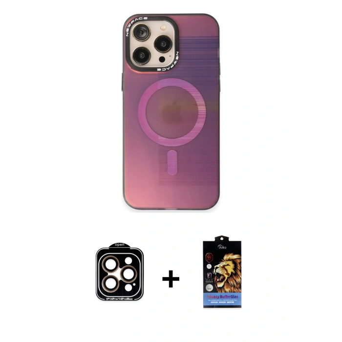 MARSİLYAN™- iPhone 14 Pro Max Kılıf Siluet Modern Koleksiyonu - Siyah Buffer Hayalet Cam Ekran Koruyucu + PVD Metal Kamera Lens - TU