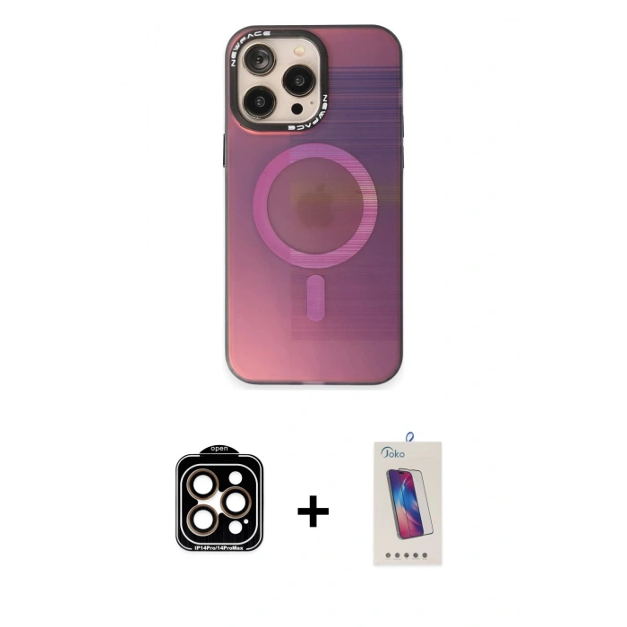 MARSİLYAN™- iPhone 14 Pro Max Kılıf Siluet Modern Koleksiyonu - Siyah Joko 5D Cam + Turuncu PVD Metal Kamera Lens