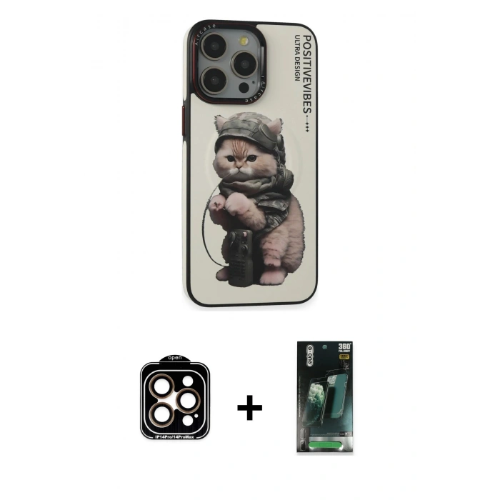 MARSİLYAN™- iPhone 14 Pro Max Kılıf Siluet Modern Özel Seri - Şeffaf 360 Full Body Arka Koruyucu + PVD Metal Kamera Lens - TU
