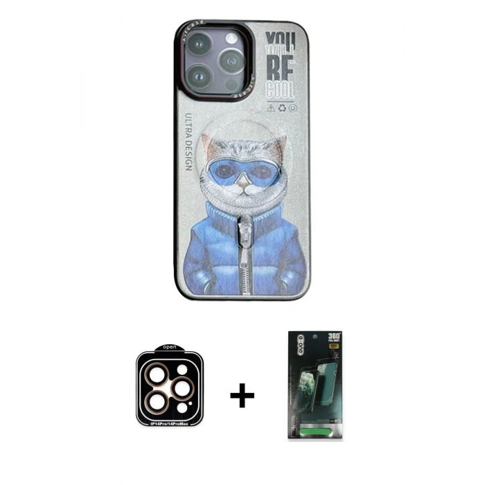 MARSİLYAN™- iPhone 14 Pro Max Kılıf Siluet Modern Özel Seri - Şeffaf 360 Full Body Arka Koruyucu + PVD Metal Kamera Lens - TU