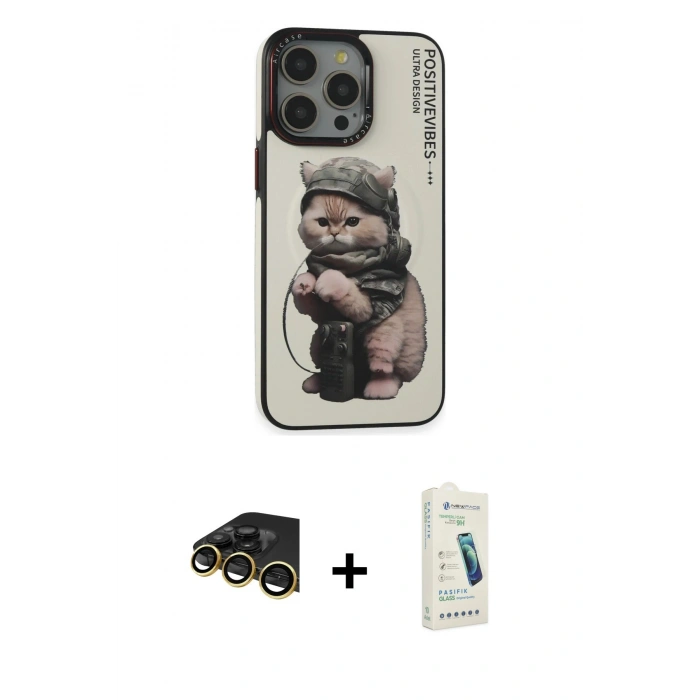 MARSİLYAN™- iPhone 14 Pro Max Kılıf Siluet Modern Özel Seri - Şeffaf Pasifik Cam Ekran Koruyucu + Gold Raze Metal Kamera Lens