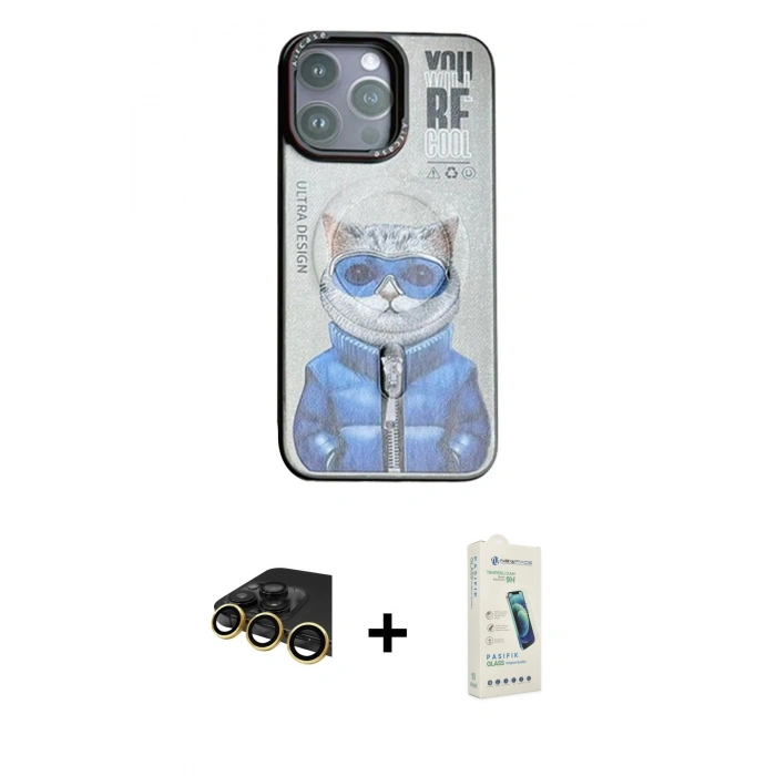 MARSİLYAN™- iPhone 14 Pro Max Kılıf Siluet Modern Özel Seri - Şeffaf Pasifik Cam Ekran Koruyucu + Gold Raze Metal Kamera Lens