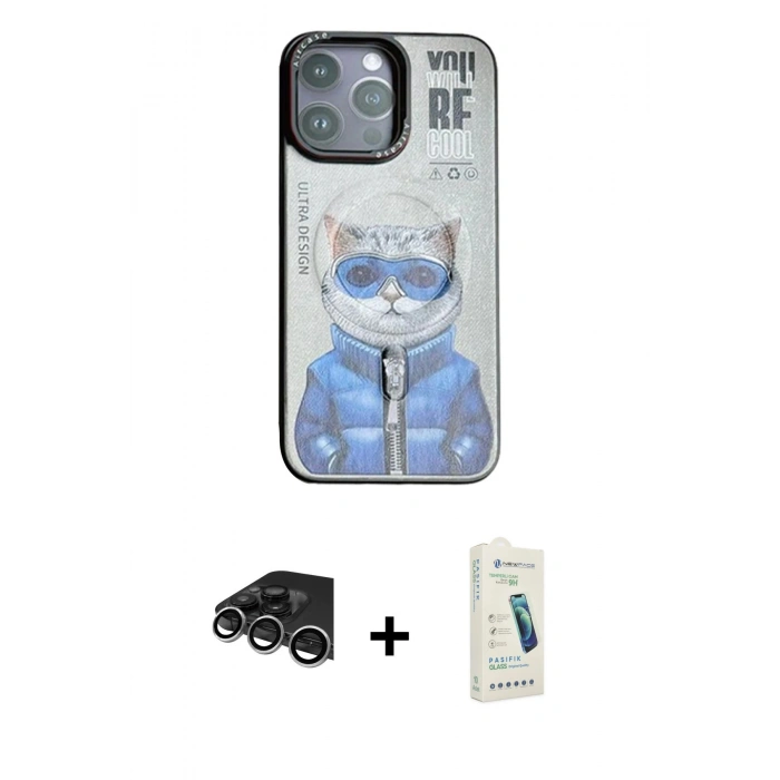 MARSİLYAN™- iPhone 14 Pro Max Kılıf Siluet Modern Özel Seri - Şeffaf Pasifik Cam Ekran Koruyucu + Raze Metal Kamera Lens - GS
