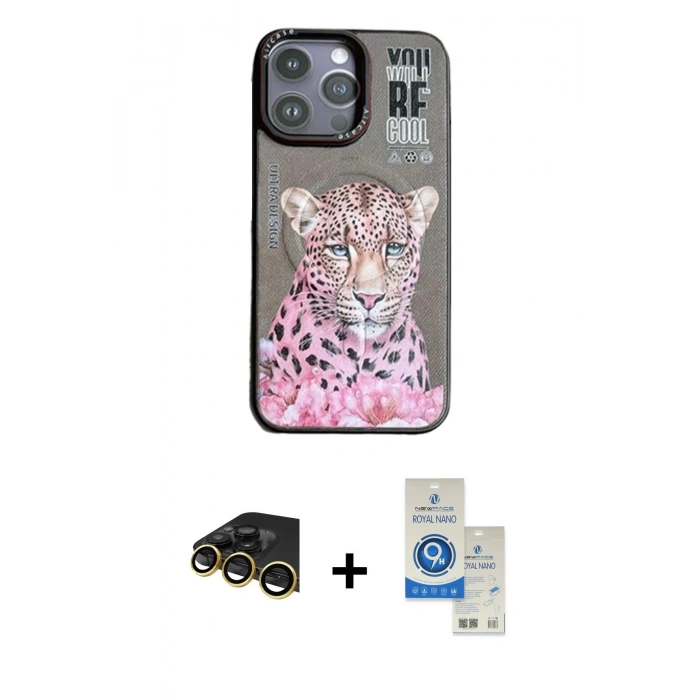 MARSİLYAN™- iPhone 14 Pro Max Kılıf Siluet Modern Özel Seri - Şeffaf Royal Nano Ekran Koruyucu + Gold Raze Metal Kamera Lens