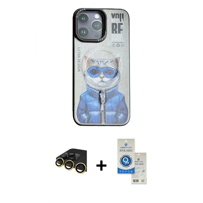 MARSİLYAN™- iPhone 14 Pro Max Kılıf Siluet Modern Özel Seri - Şeffaf Royal Nano Ekran Koruyucu + Gold Raze Metal Kamera Lens