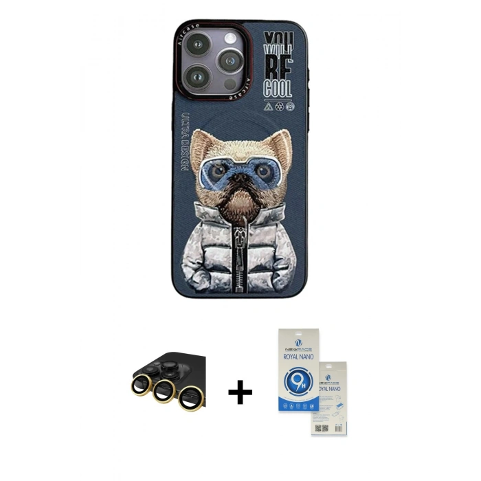 MARSİLYAN™- iPhone 14 Pro Max Kılıf Siluet Modern Özel Seri - Şeffaf Royal Nano Ekran Koruyucu + Gold Raze Metal Kamera Lens