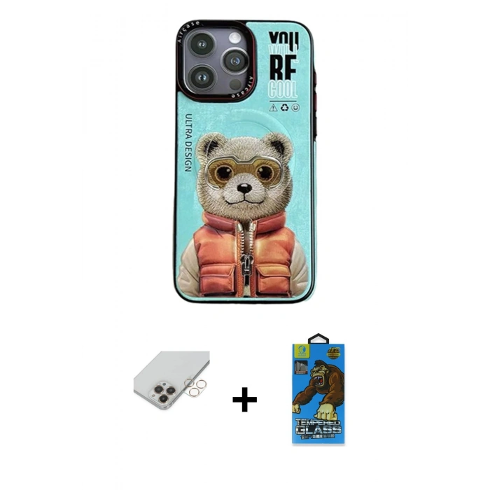 MARSİLYAN™- iPhone 14 Pro Max Kılıf Siluet Modern Özel Seri - Siyah 18D Cam Ekran Koruyucu + Gold Band Metal Kamera Lens