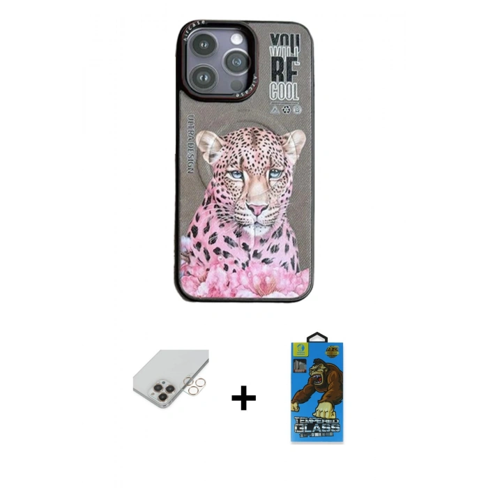 MARSİLYAN™- iPhone 14 Pro Max Kılıf Siluet Modern Özel Seri - Siyah 18D Cam Ekran Koruyucu + Gold Band Metal Kamera Lens