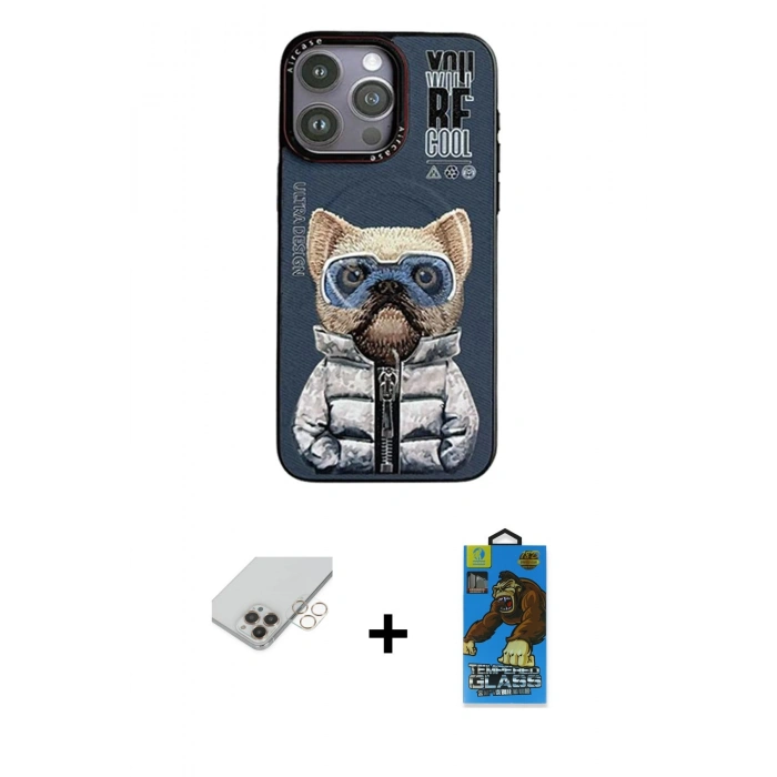 MARSİLYAN™- iPhone 14 Pro Max Kılıf Siluet Modern Özel Seri - Siyah 18D Cam Ekran Koruyucu + Gold Band Metal Kamera Lens