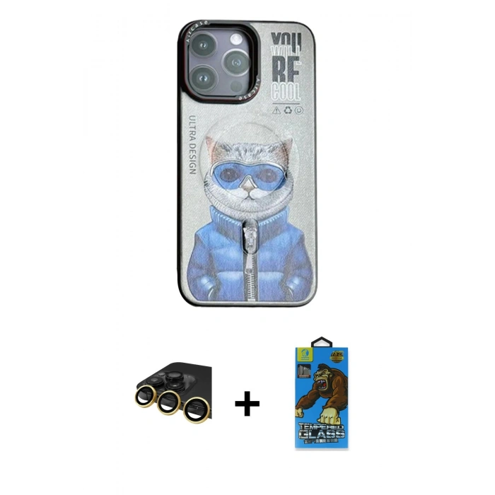 MARSİLYAN™- iPhone 14 Pro Max Kılıf Siluet Modern Özel Seri - Siyah 18D Cam Ekran Koruyucu + Gold Raze Metal Kamera Lens