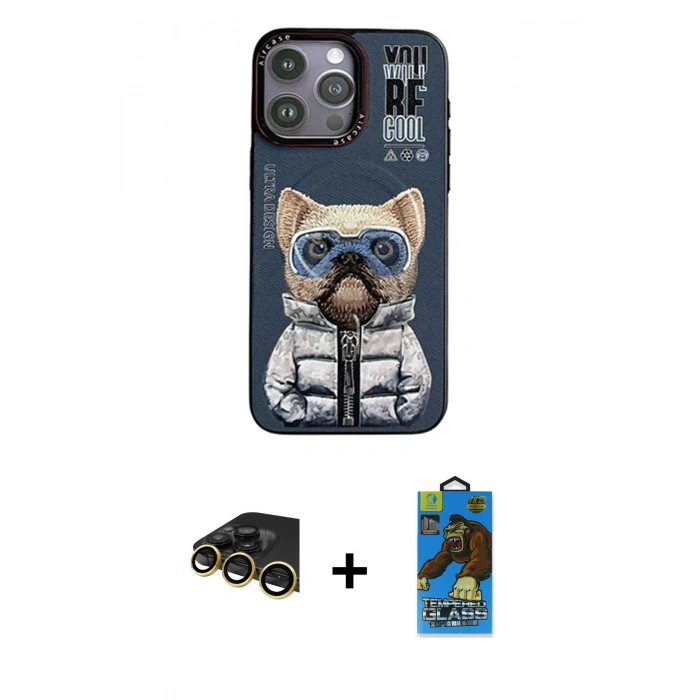 MARSİLYAN™- iPhone 14 Pro Max Kılıf Siluet Modern Özel Seri - Siyah 18D Cam Ekran Koruyucu + Gold Raze Metal Kamera Lens