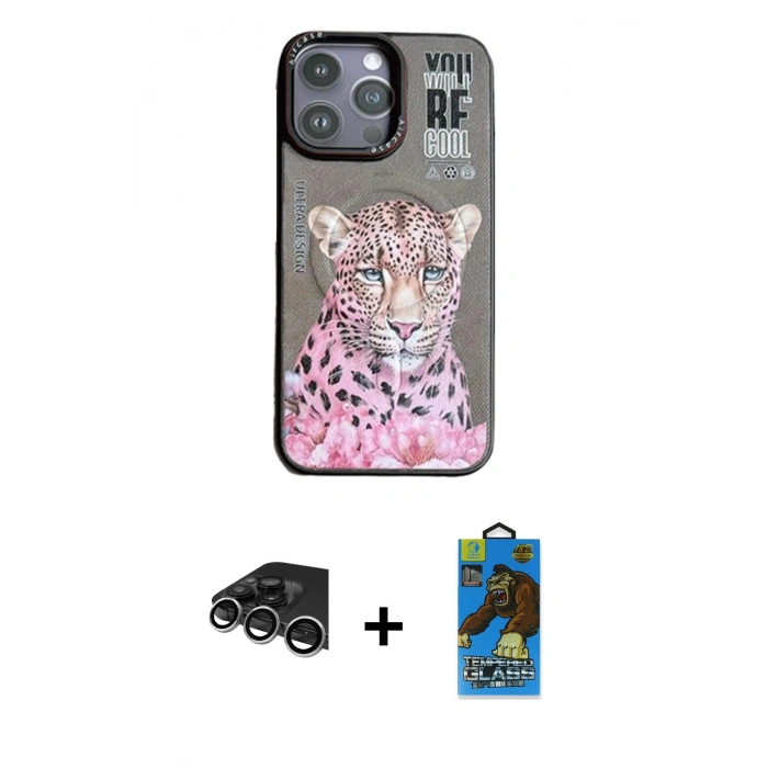 MARSİLYAN™- iPhone 14 Pro Max Kılıf Siluet Modern Özel Seri - Siyah 18D Cam Ekran Koruyucu + Raze Metal Kamera Lens - GS