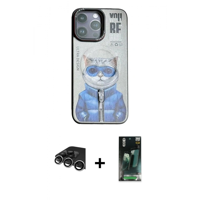 MARSİLYAN™- iPhone 14 Pro Max Kılıf Siluet Modern Özel Seri - Siyah 360 Mat Full Body Arka Koruyucu + Raze Metal Kamera Lens - GS