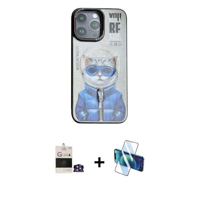 MARSİLYAN™- iPhone 14 Pro Max Kılıf Siluet Modern Özel Seri - Siyah 3D Antistatik Cam Ekran Koruyucu + Bilvis Titan Kamera Lens - GS