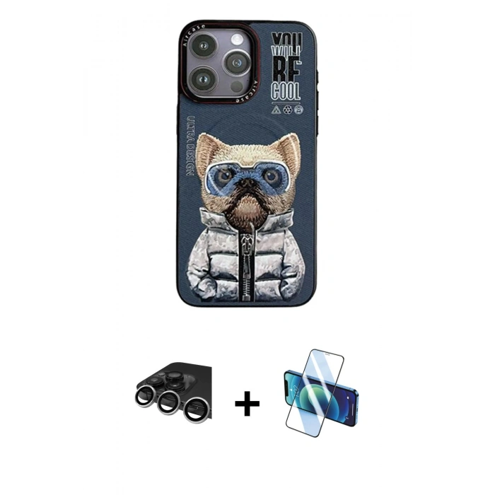 MARSİLYAN™- iPhone 14 Pro Max Kılıf Siluet Modern Özel Seri - Siyah 3D Antistatik Cam Ekran Koruyucu + Gümüş Raze Metal Kamera Lens