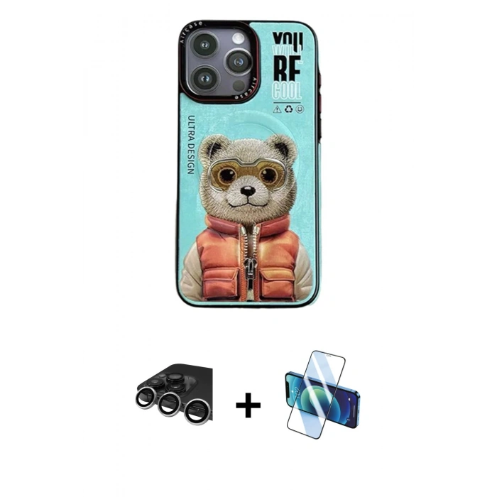MARSİLYAN™- iPhone 14 Pro Max Kılıf Siluet Modern Özel Seri - Siyah 3D Antistatik Cam Ekran Koruyucu + Gümüş Raze Metal Kamera Lens