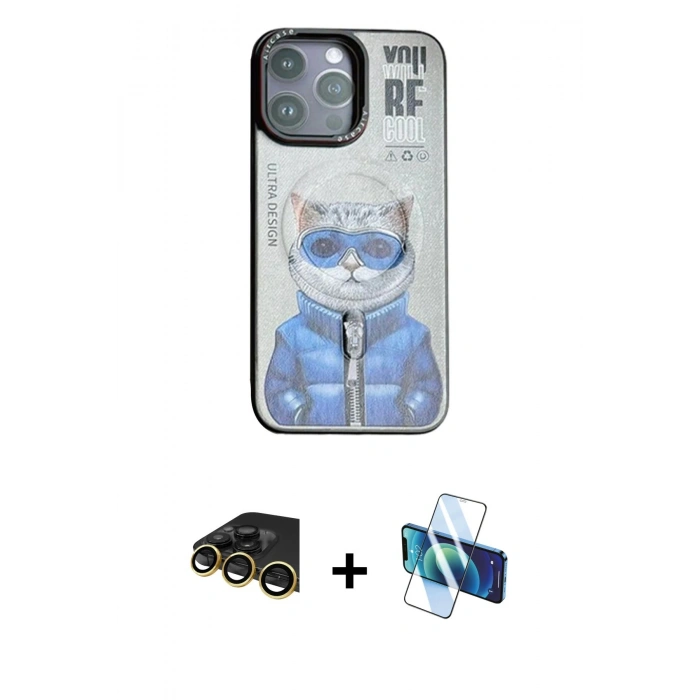 MARSİLYAN™- iPhone 14 Pro Max Kılıf Siluet Modern Özel Seri - Siyah 3D Antistatik Cam Ekran Koruyucu + Raze Metal Kamera Lens - GD