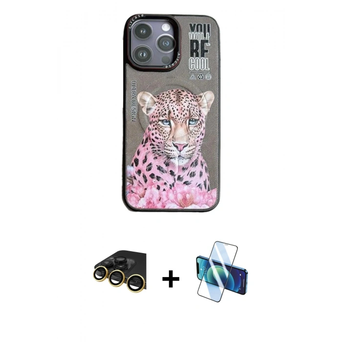 MARSİLYAN™- iPhone 14 Pro Max Kılıf Siluet Modern Özel Seri - Siyah 3D Antistatik Cam Ekran Koruyucu + Raze Metal Kamera Lens - GD