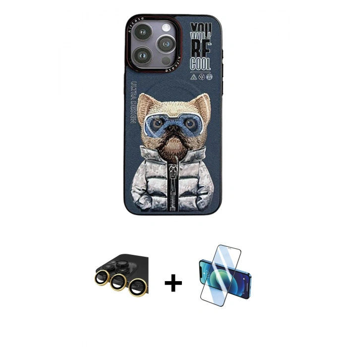 MARSİLYAN™- iPhone 14 Pro Max Kılıf Siluet Modern Özel Seri - Siyah 3D Antistatik Cam Ekran Koruyucu + Raze Metal Kamera Lens - GD