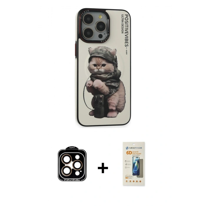 MARSİLYAN™- iPhone 14 Pro Max Kılıf Siluet Modern Özel Seri - Siyah 6D Mat Seramik Hayalet Nano Ekran Koruyucu + PVD Metal Kamera Lens - TU