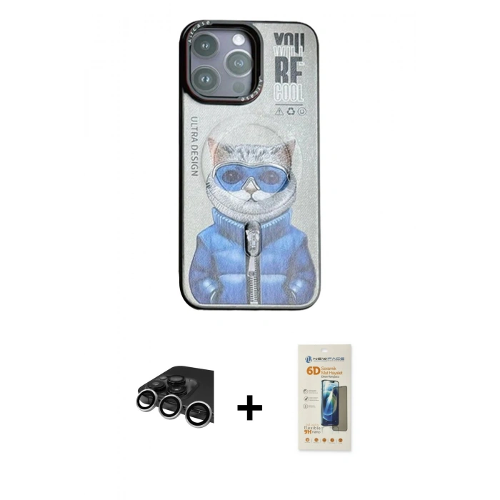 MARSİLYAN™- iPhone 14 Pro Max Kılıf Siluet Modern Özel Seri - Siyah 6D Mat Seramik Hayalet Nano Ekran Koruyucu + Raze Metal Kamera Lens - GS