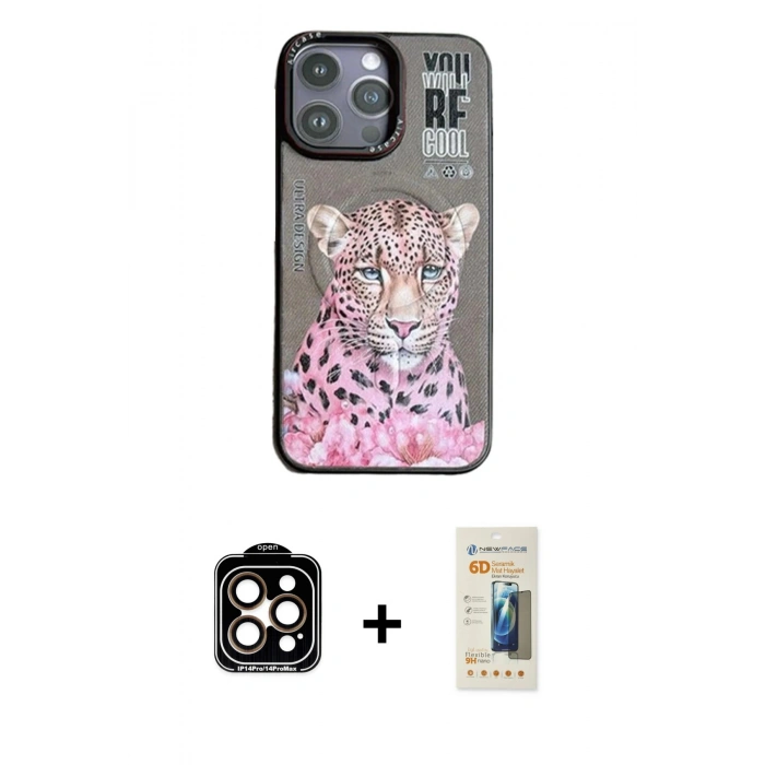 MARSİLYAN™- iPhone 14 Pro Max Kılıf Siluet Modern Özel Seri - Siyah 6D Mat Seramik Hayalet Nano Ekran Koruyucu + PVD Metal Kamera Lens - TU