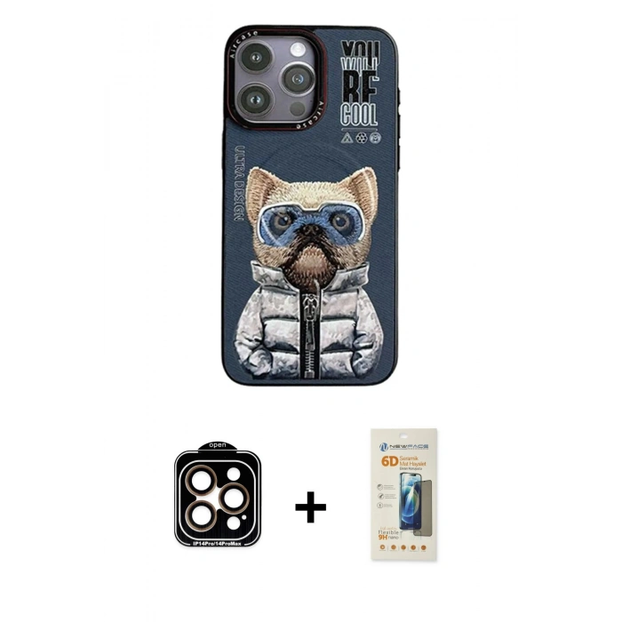 MARSİLYAN™- iPhone 14 Pro Max Kılıf Siluet Modern Özel Seri - Siyah 6D Mat Seramik Hayalet Nano Ekran Koruyucu + PVD Metal Kamera Lens - TU