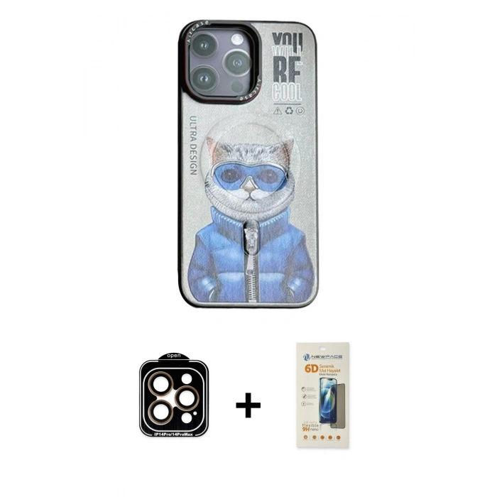 MARSİLYAN™- iPhone 14 Pro Max Kılıf Siluet Modern Özel Seri - Siyah 6D Mat Seramik Hayalet Nano Ekran Koruyucu + PVD Metal Kamera Lens - TU
