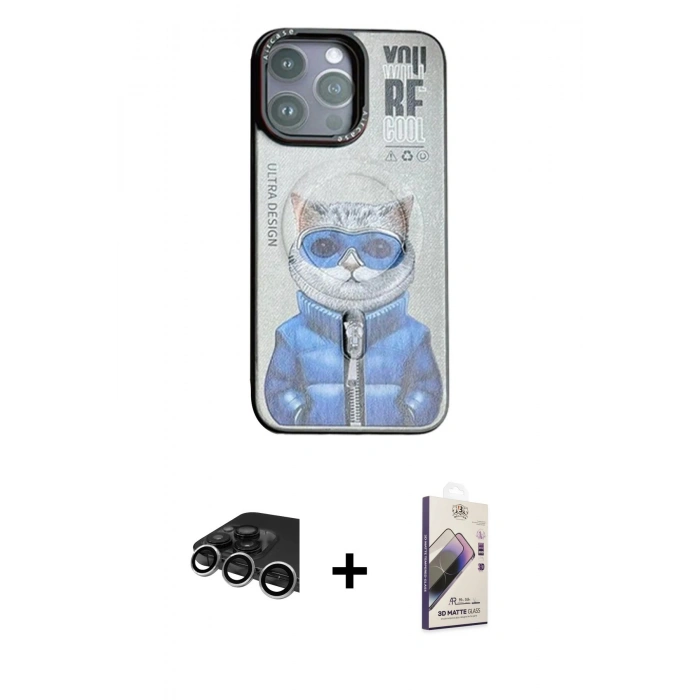 MARSİLYAN™- iPhone 14 Pro Max Kılıf Siluet Modern Özel Seri - Siyah Bilvis 3D Mat Cam Ekran Koruyucu + Gümüş Raze Metal Kamera Lens
