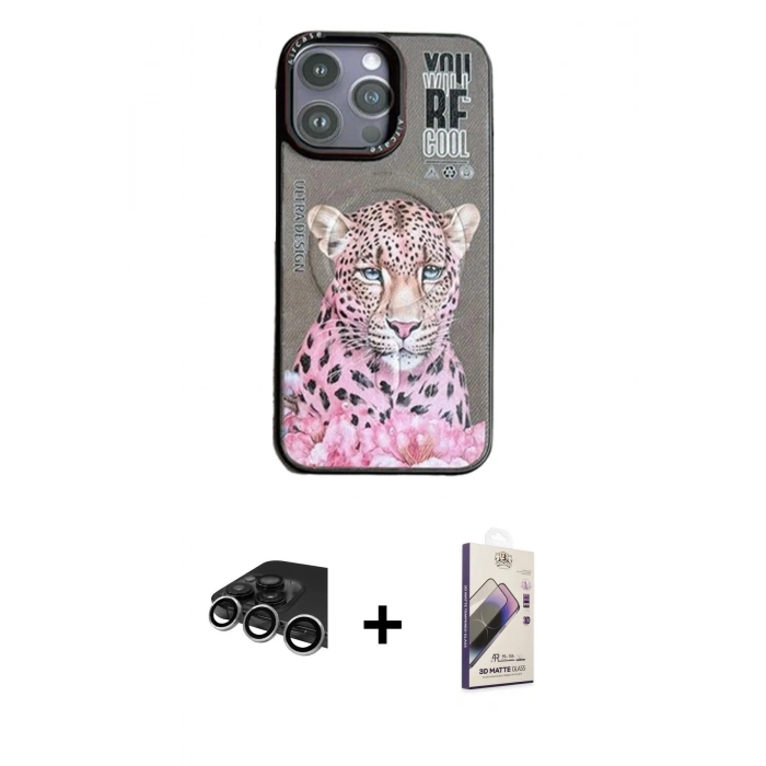 MARSİLYAN™- iPhone 14 Pro Max Kılıf Siluet Modern Özel Seri - Siyah Bilvis 3D Mat Cam Ekran Koruyucu + Gümüş Raze Metal Kamera Lens