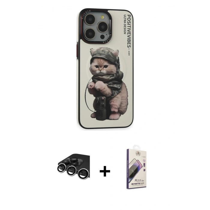 MARSİLYAN™- iPhone 14 Pro Max Kılıf Siluet Modern Özel Seri - Siyah Bilvis 3D Mat Cam Ekran Koruyucu + Gümüş Raze Metal Kamera Lens