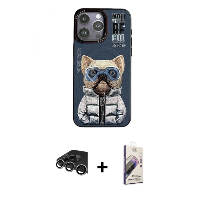 MARSİLYAN™- iPhone 14 Pro Max Kılıf Siluet Modern Özel Seri - Siyah Bilvis 3D Mat Cam Ekran Koruyucu + Gümüş Raze Metal Kamera Lens