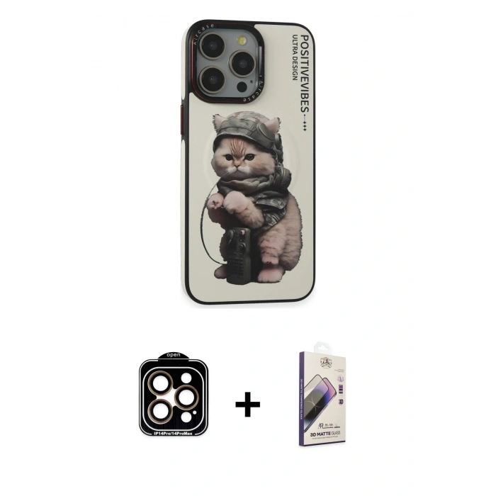 MARSİLYAN™- iPhone 14 Pro Max Kılıf Siluet Modern Özel Seri - Siyah Bilvis 3D Mat Cam Ekran Koruyucu + PVD Metal Kamera Lens - TU