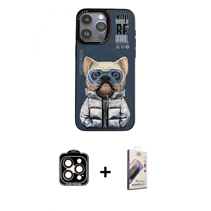 MARSİLYAN™- iPhone 14 Pro Max Kılıf Siluet Modern Özel Seri - Siyah Bilvis 3D Mat Cam Ekran Koruyucu + PVD Metal Kamera Lens - TU