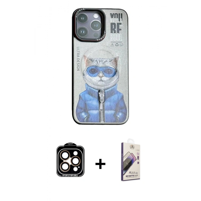 MARSİLYAN™- iPhone 14 Pro Max Kılıf Siluet Modern Özel Seri - Siyah Bilvis 3D Mat Cam Ekran Koruyucu + PVD Metal Kamera Lens - TU