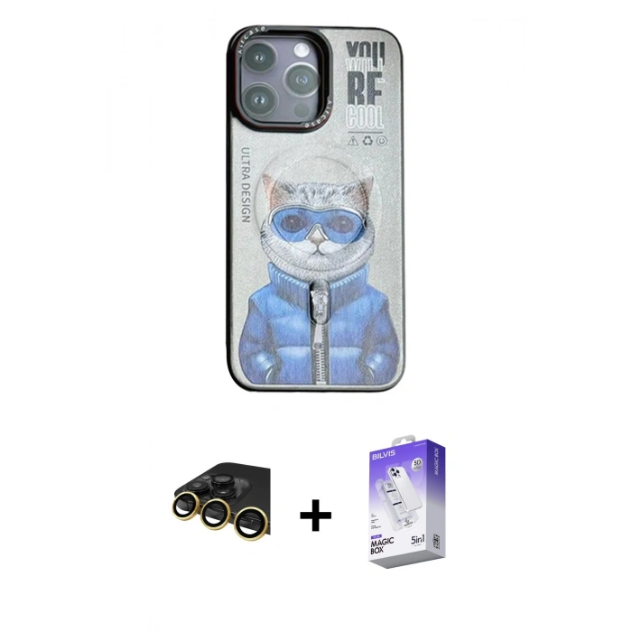 MARSİLYAN™- iPhone 14 Pro Max Kılıf Siluet Modern Özel Seri - Siyah Bilvis 5in1 3D Magic Cam Ekran Koruyucu + Gold Raze Metal Kamera Lens