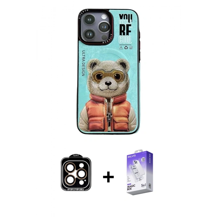 MARSİLYAN™- iPhone 14 Pro Max Kılıf Siluet Modern Özel Seri - Siyah Bilvis 5in1 3D Magic Cam Ekran Koruyucu + PVD Metal Kamera Lens - TU