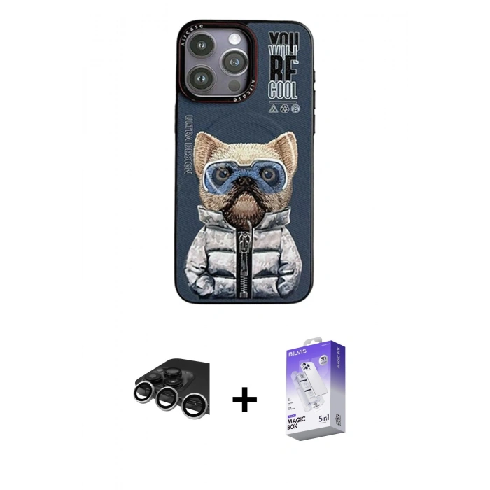 MARSİLYAN™- iPhone 14 Pro Max Kılıf Siluet Modern Özel Seri - Siyah Bilvis 5in1 3D Magic Cam Ekran Koruyucu + Gümüş Raze Metal Kamera Lens